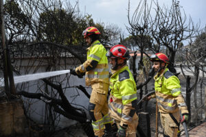 Bomberos en labores de extinción del incendio que desde ayer afecta a la localidad de Tres Cantos, Madrid, que ya está perimetrado y evoluciona favorablemente. EFE/Fernando Villar