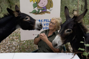 El batallón de 'burros bomberos' de Doñana es un grupo de 18 animales cuya labor preventiva, el desbroce cortafuegos en el entorno del espacio natural, planifica la asociación 'El Burrito Feliz' (EBF), demostrando desde hace 12 años que es clave para evitar incendios como los que han asolado varias regiones españolas. El cuartel general de estos asnos está en Hinojos (Huelva). Desde allí al llegar la primavera y hasta entrado el otoño, parten a diario a las zonas de cortafuegos seleccionadas por la asociación para realizar su labor, que comienza sobre las 7:00 horas, ha explicado a EFE el presidente de EBF, Luis Manuel Bejarano. En la imagen, Cristina Mariño de la asociación Mujeres de Doñana. EFE/David Arjona