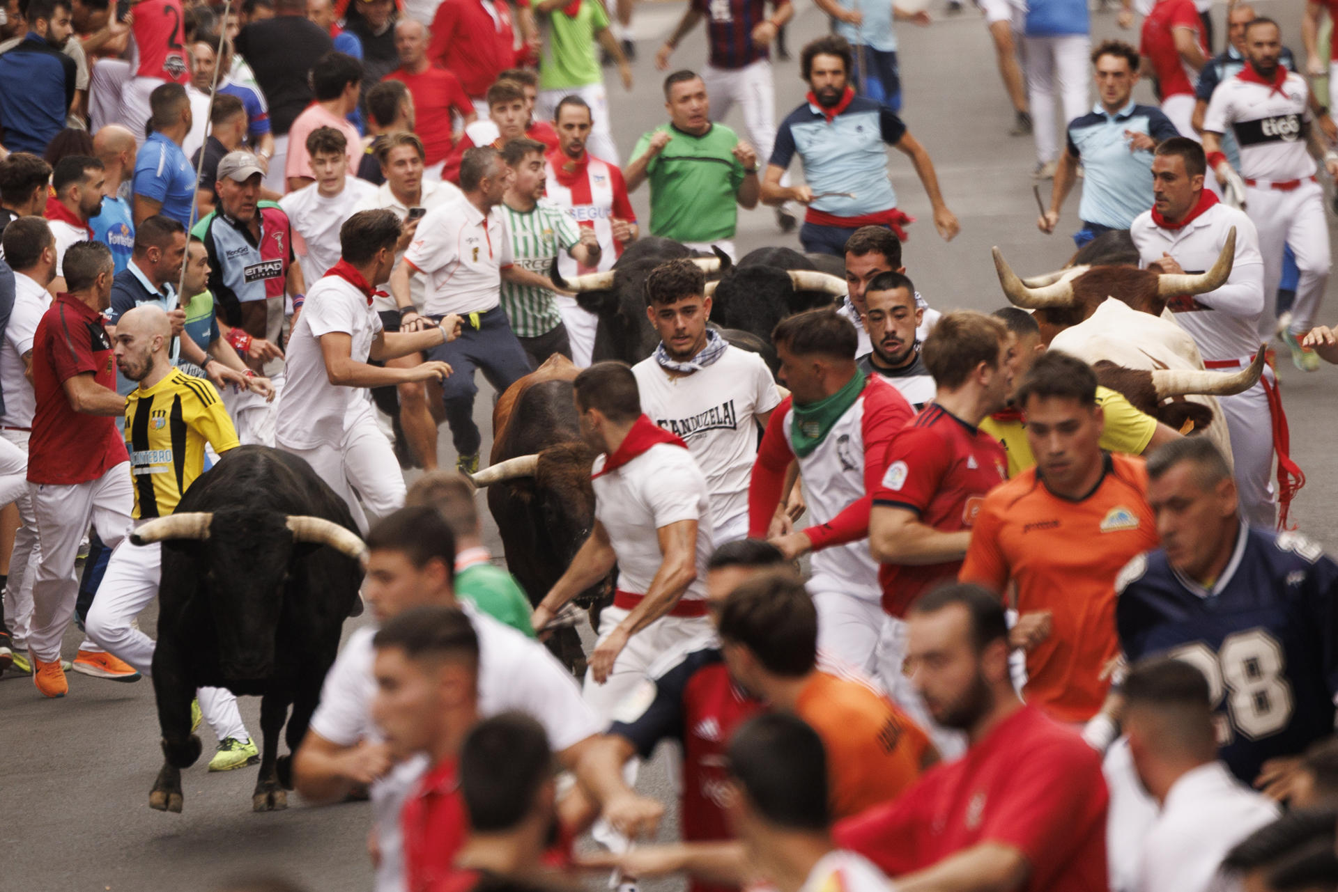 Los mozos corren este lunes durante el primer encierro de San Sebastián de los Reyes, con toros de la ganadería de La Palmosilla, en el que han participado unos 2.200corredores y se ha saldado con siete heridos, todos leves. EFE/ Sergio Perez