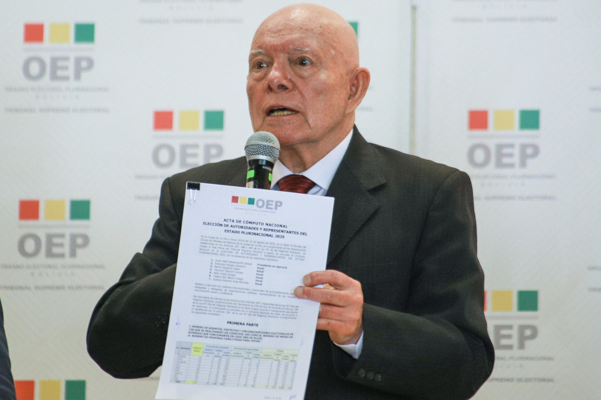 El presidente del Tribunal Supremo Electoral (TSE) de Bolivia, Óscar Hassenteufel, sostiene el acta con los resultados oficiales de las elecciones generales presidenciales a nivel nacional este martes, en La Paz (Bolivia). EFE/ Gabriel Márquez

