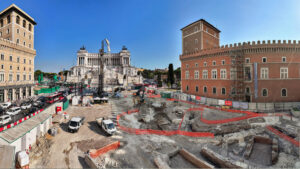 Fotografía cedida por la oficina de prensa de la Superintendencia Especial de Roma del Ministerio de Cultura de Italia que muestra unos restos arqueológicos en la capital de Italia datados entre el final de la República y el inicio del Imperio romano. Las obras para la construcción de la futura estación de plaza Venecia, parte del ambicioso proyecto de la línea C del metro de Roma, han sacado a la luz restos arqueológicos de época romana y medieval, entre ellos un complejo habitacional de varios pisos y antiguos hornos de cal. EFE/ Ministerio de Cultura de Italia / ***SOLO USO EDITORIAL/SOLO DISPONIBLE PARA ILUSTRAR LA NOTICIA QUE ACOMPAÑA (CRÉDITO OBLIGATORIO)***