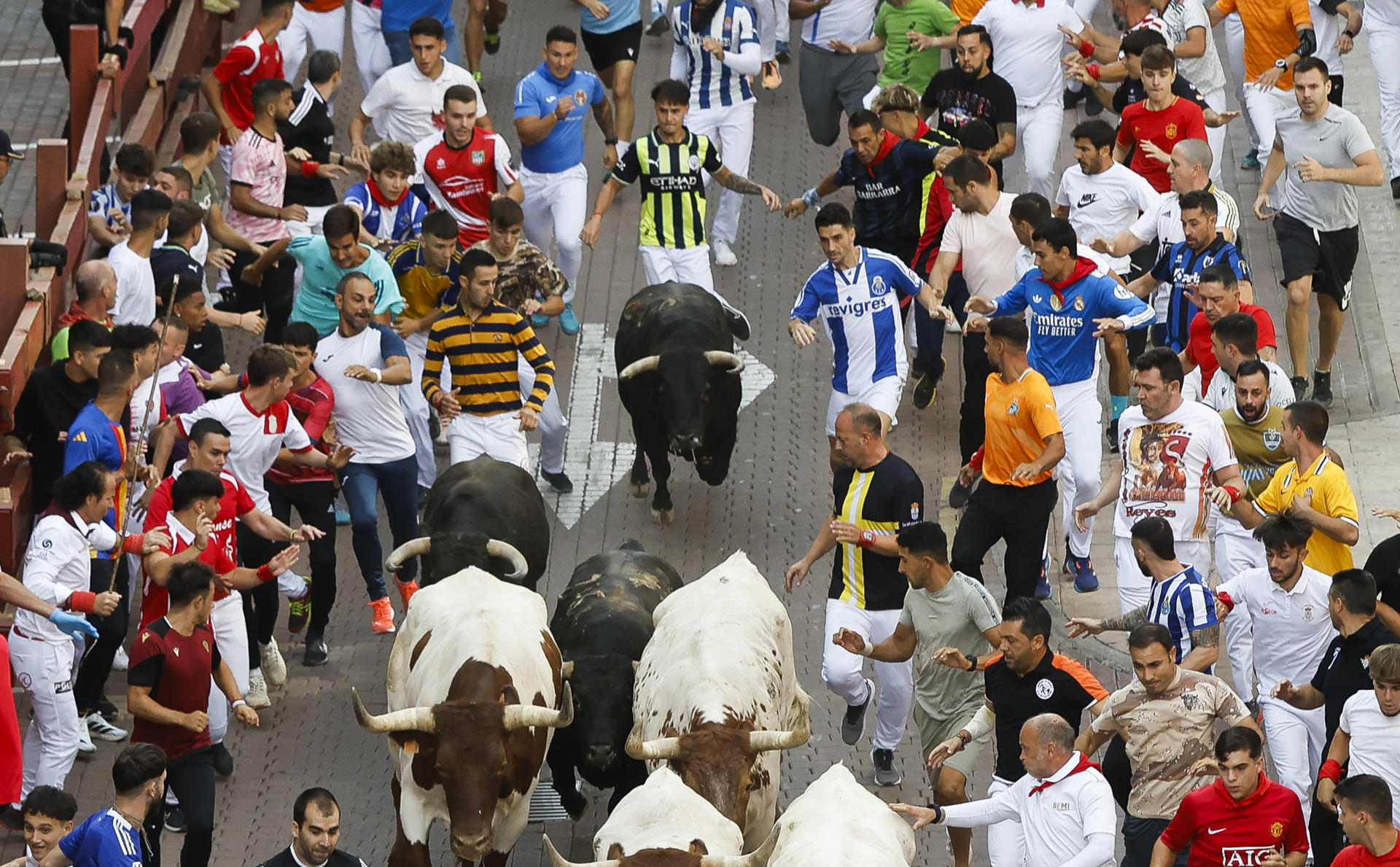 Los mozos corren ante los toros durante el octavo encierro de San Sebastián de los Reyes, este domingo. EFE/David Fernández