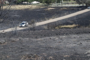 Un coche de la Guardia Civil circula por una carretera de una zona arrasada por el incendio forestal de Abejera (Zamora) este miércoles. EFE/Mariam A. Montesinos