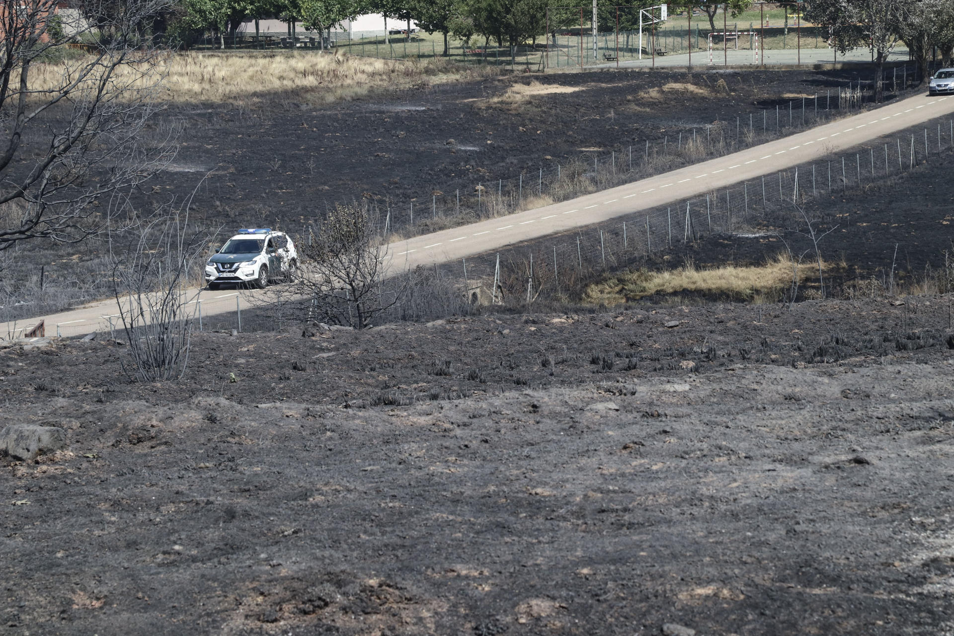 Un coche de la Guardia Civil circula por una carretera de una zona arrasada por el incendio forestal de Abejera (Zamora) este miércoles. EFE/Mariam A. Montesinos
