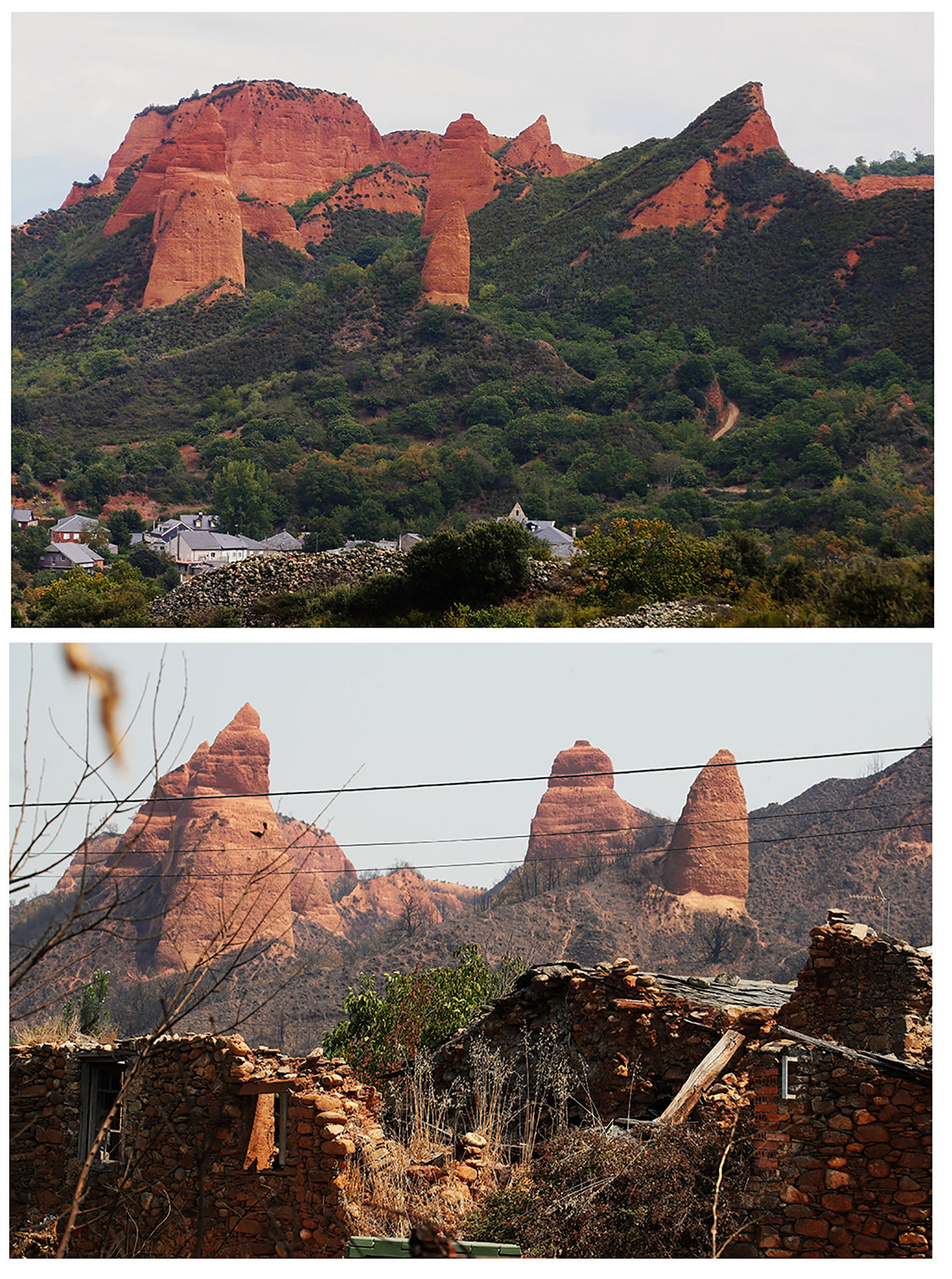 Dos vistas del espacio natural de Las Médulas, catalogado por la Unesco Patrimonio de la Humanidad; la de arriba tomada antes del incendio sufrido este mes de agosto, y la de abajo tomada este martes, tras el incendio forestal declarado en Yeres (León), el pasado 9 de agosto. EFE/Ana F. Barredo