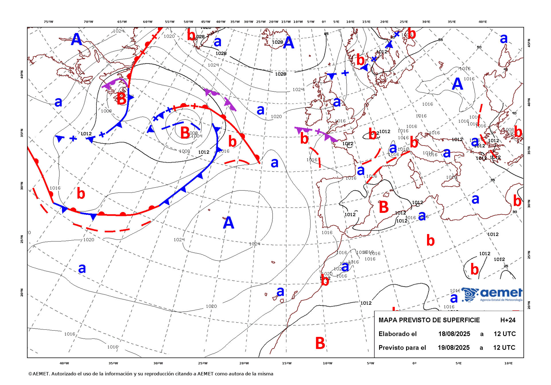 Mapa de isobaras elaborado por la Aemet el 18/08/2025 previsto para el 19/08/2025. EFE/Aemet - SOLO USO EDITORIAL/SOLO DISPONIBLE PARA ILUSTRAR LA NOTICIA QUE ACOMPAÑA (CRÉDITO OBLIGATORIO)
