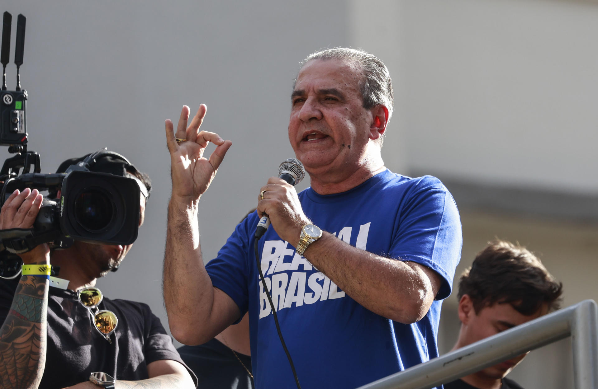 Fotografía de 3 agosto de 2025 del pastor brasileño Silas Malafaia durante una manifestación en apoyo al expresidente de Brasil Jair Bolsonaro. EFE/ Sebastiao Moreira