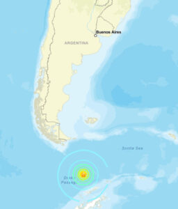 Captura de pantalla de la página oficial del Servicio Geológico de Estados Unidos que muestra el lugar en el que se registró un sismo este jueves, en el pasaje de Drake (Chile). EFE/ Servicio Geológico de Estados Unidos