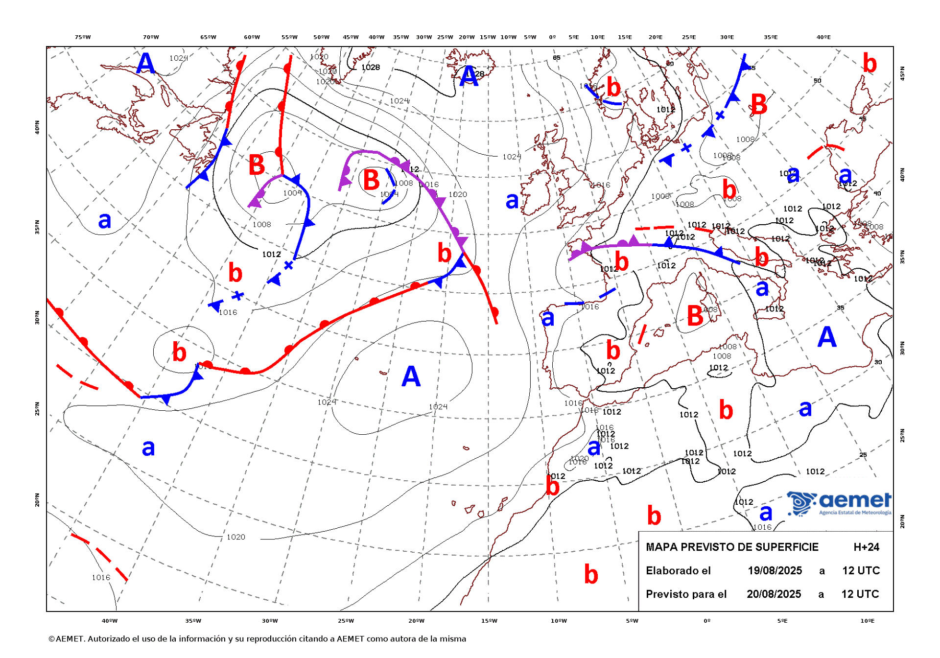 Mapa de isobaras elaborado por la Aemet el 18/08/2025 previsto para el 20/08/2025. EFE/Aemet - SOLO USO EDITORIAL/SOLO DISPONIBLE PARA ILUSTRAR LA NOTICIA QUE ACOMPAÑA (CRÉDITO OBLIGATORIO)
