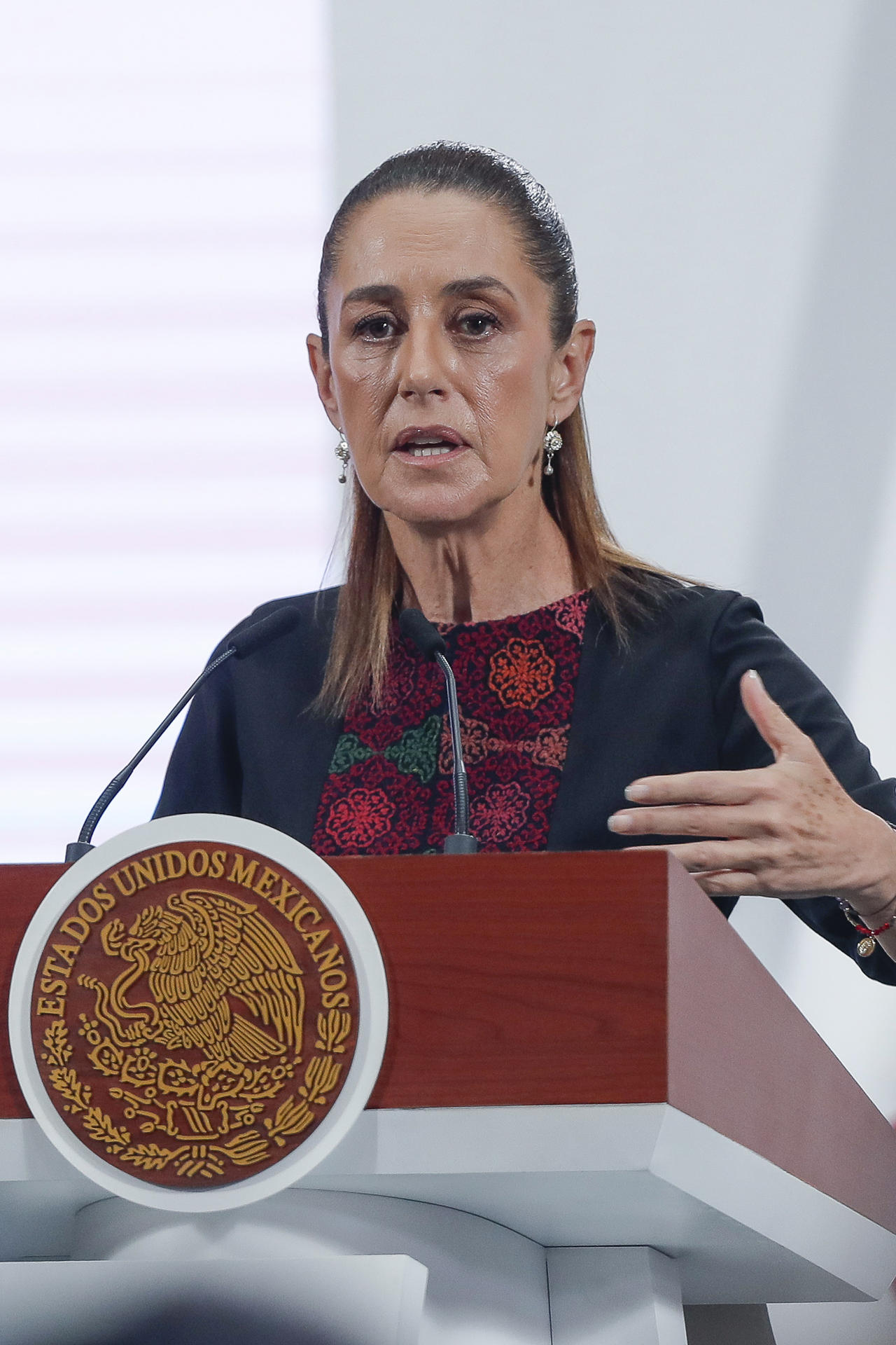 La presidenta de México, Claudia Sheinbaum, habla durante una rueda de prensa matutina este miércoles, en el Palacio Nacional de la Ciudad de México (México). EFE/ Isaac Esquivel