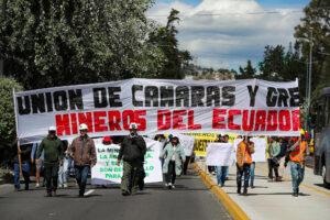Decenas de personas fueron captadas este miércoles, 6 de agosto, al protestar durante una marcha convocada por la Unión de Cámaras y Gremios Mineros de Ecuador, en la ciudad de Quito (Ecuador). EFE/José Jácome