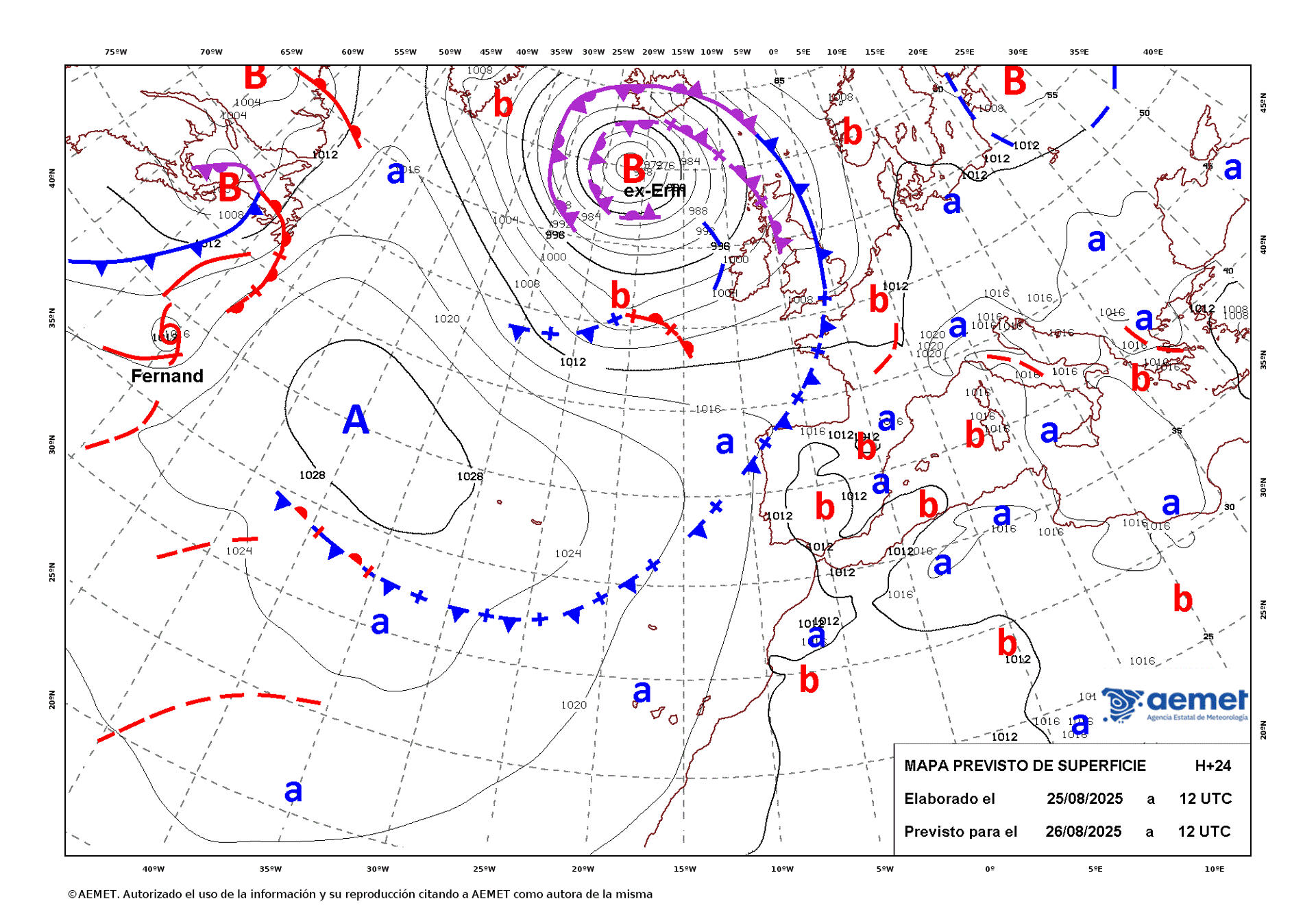 Mapa de isobaras facilitado por la Aemet previsto para el 26/08/2025. EFE ***SOLO USO EDITORIAL/SOLO DISPONIBLE PARA ILUSTRAR LA NOTICIA QUE ACOMPAÑA (CRÉDITO OBLIGATORIO)***
