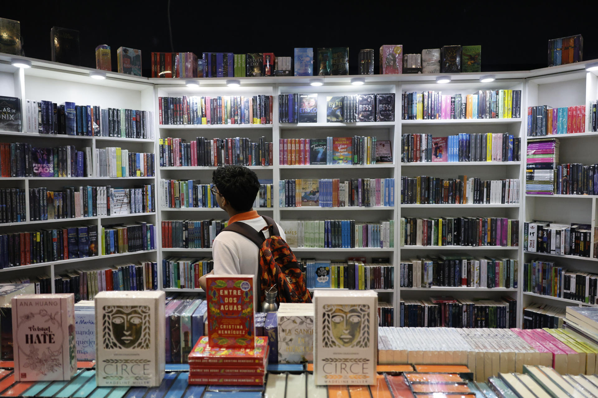 Una persona observa libros en una estantería en la Feria Internacional del Libro de Panamá este lunes, en Ciudad de Panamá (Panamá). EFE/ Bienvenido Velasco