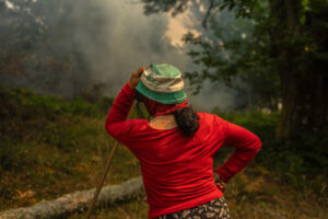 Una vecina de la aldea de Pareisás lucha contra en fuego en el incendio forestal que permanece activo en A Pobra de Trives (Ourense). EFE/Brais Lorenzo