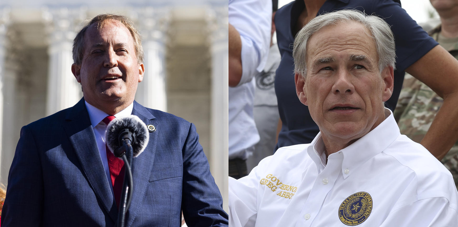 Combo de dos fotografías de archivo donde aparecen el fiscal general de Texas Ken Paxton (i) y el gobernador de Texas Greg Abbott. EFE/ Jim Lo Scalzo / Adam Davis ARCHIVO