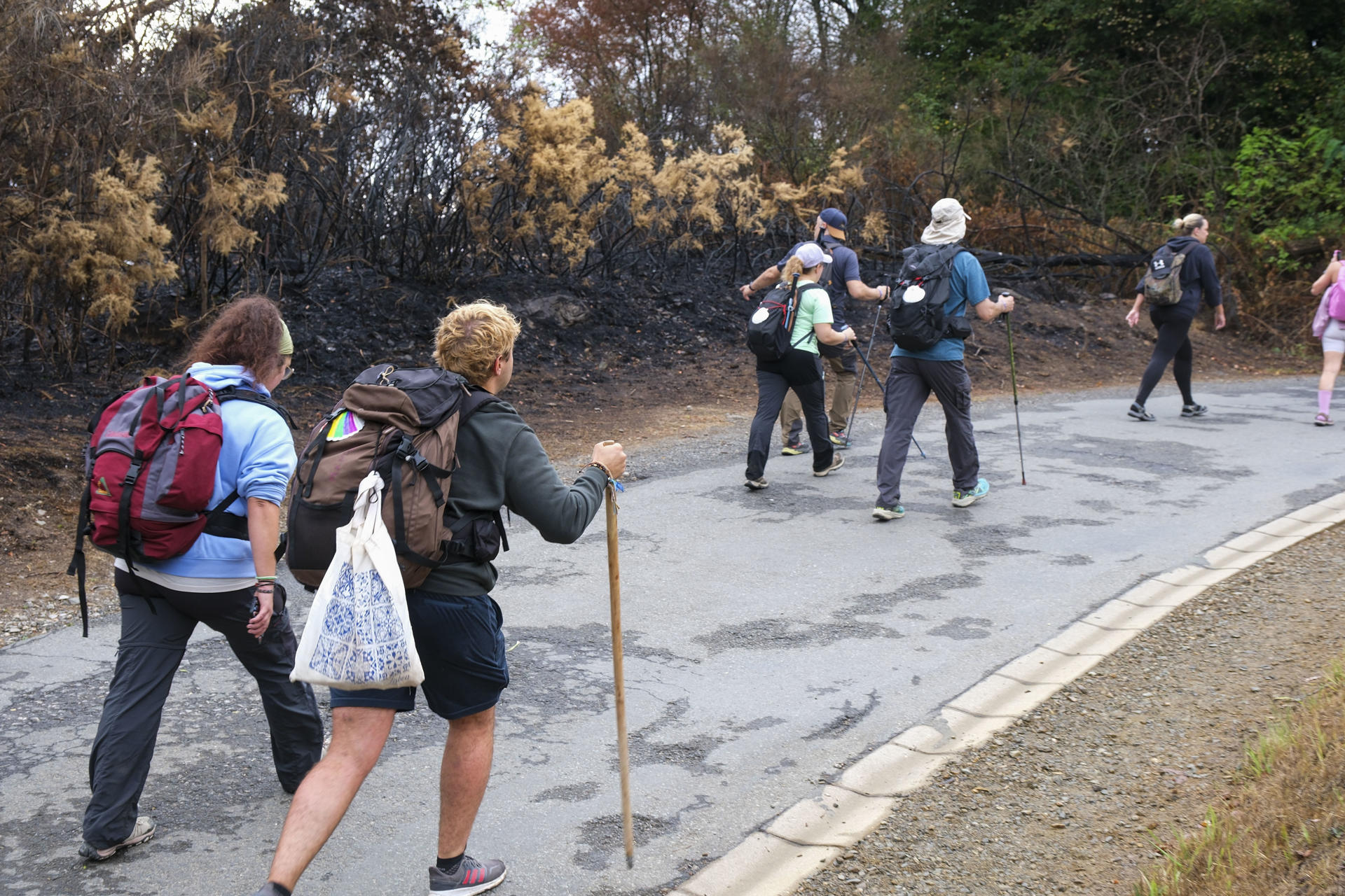 Varios peregrinos pasan junto a una zona de monte calcinada a lo largo de su recorrido. A la dificultad habitual del Camino a Santiago se sumaron en los últimos días el fuego de los incendios y el humo; para unos, rozó el misticismo, y llegaron a la meta; otros cambiaron sus planes. EFE/Xurxo Martínez
