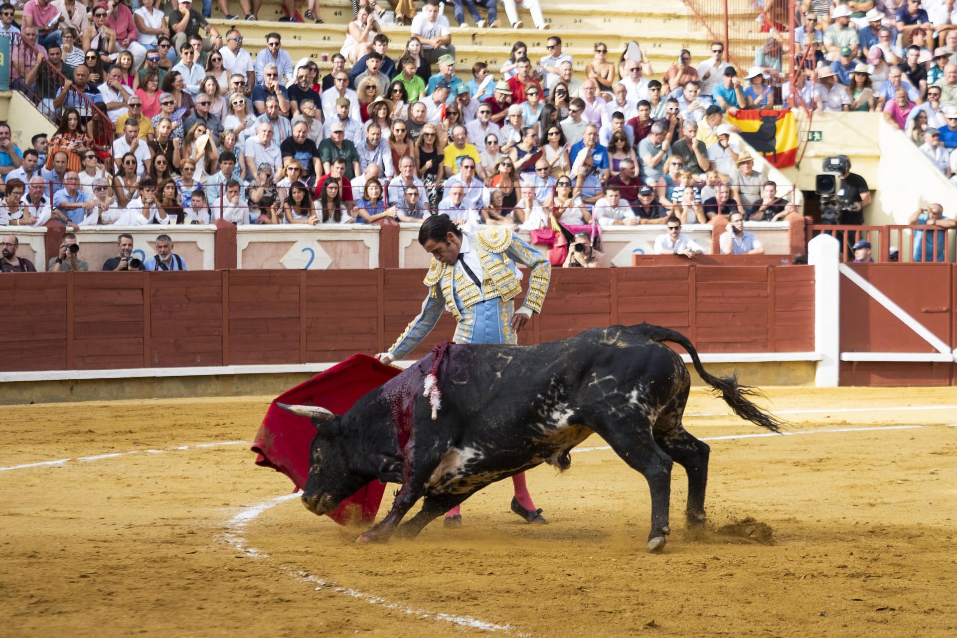 El diestro Uceda Leal da un pase con la muleta a uno de los de su lote, durante la corrida de la Feria de San Julián celebrada este lunes en la plaza de toros de Cuenca. EFE/Álvaro del Olmo
