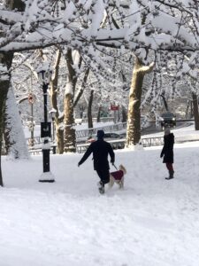 En la imagen de archivo, dos personas pasean un perro por una calle cubierta de nieve cerca del parque Riverside, en el Upper West de Nueva York (EE.UU.). EFE/ Javier Otazu