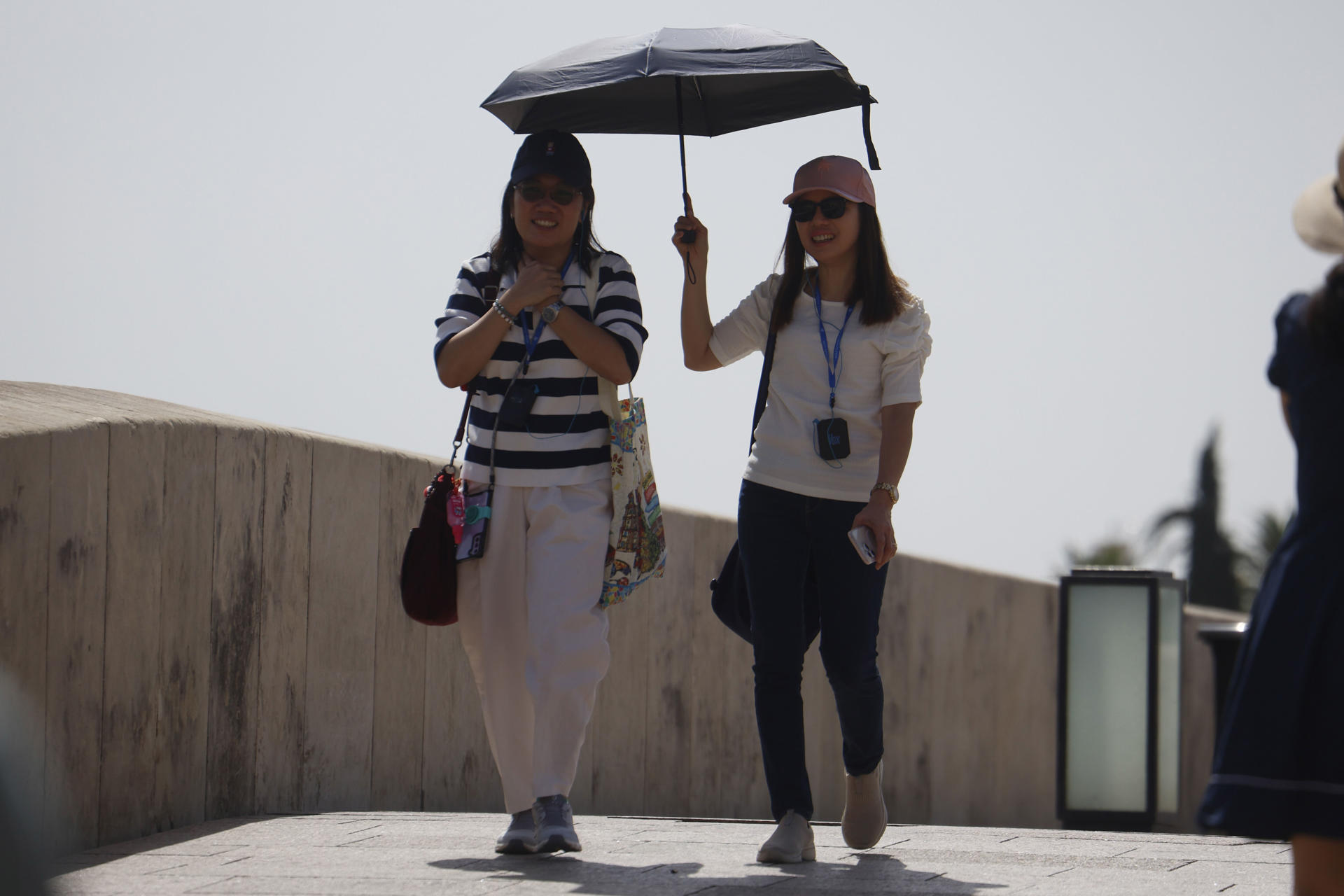 Dos personas se protegen del sol con un paraguas para aliviar las altas temperaturas este domingo en Córdoba. EFE/Salas
