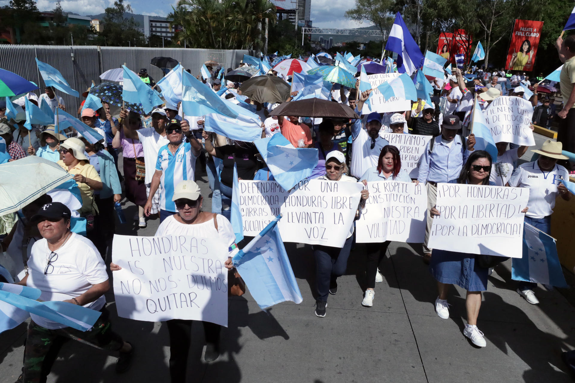 Personas sostienen carteles y banderas de Honduras durante una marcha por la paz este sábado, en Tegucigalpa (Honduras). EFE/ Gustavo Amador
