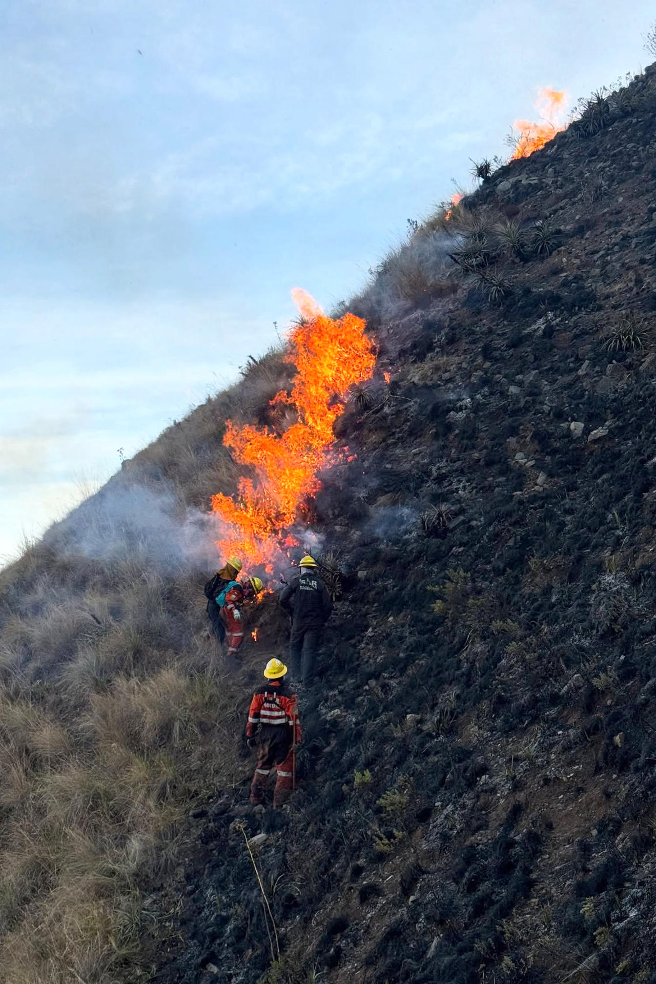 Fotografía cedida por el Grupo Voluntario de Salvamento de Cochabamba (SAR Bolivia) donde se muestra a bomberos combatiendo un incendio forestal en el parque nacional Tunari este miércoles, en Cochabamba (Bolivia). EFE/ Grupo Voluntario de Salvamento de Cochabamba
