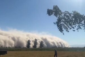 Fotografía cedida por la Agencia Andina de una persona caminando durante el levantamiento de polvo por fuertes vientos este jueves, en Arequipa (Perú). EFE/ Agencia Andina