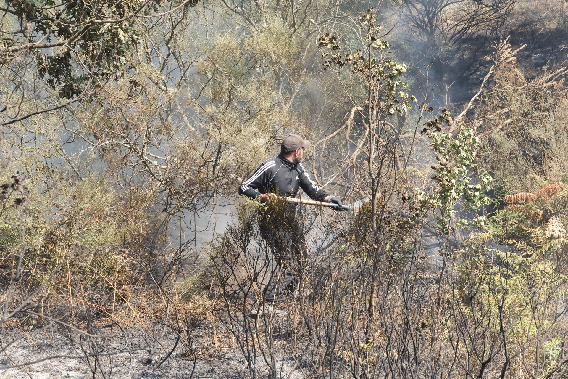 Personas trabajan en la extinción del incendio este jueves, en las proximidades de La Alberca (Salamanca). EFE/ JMGARCIA
