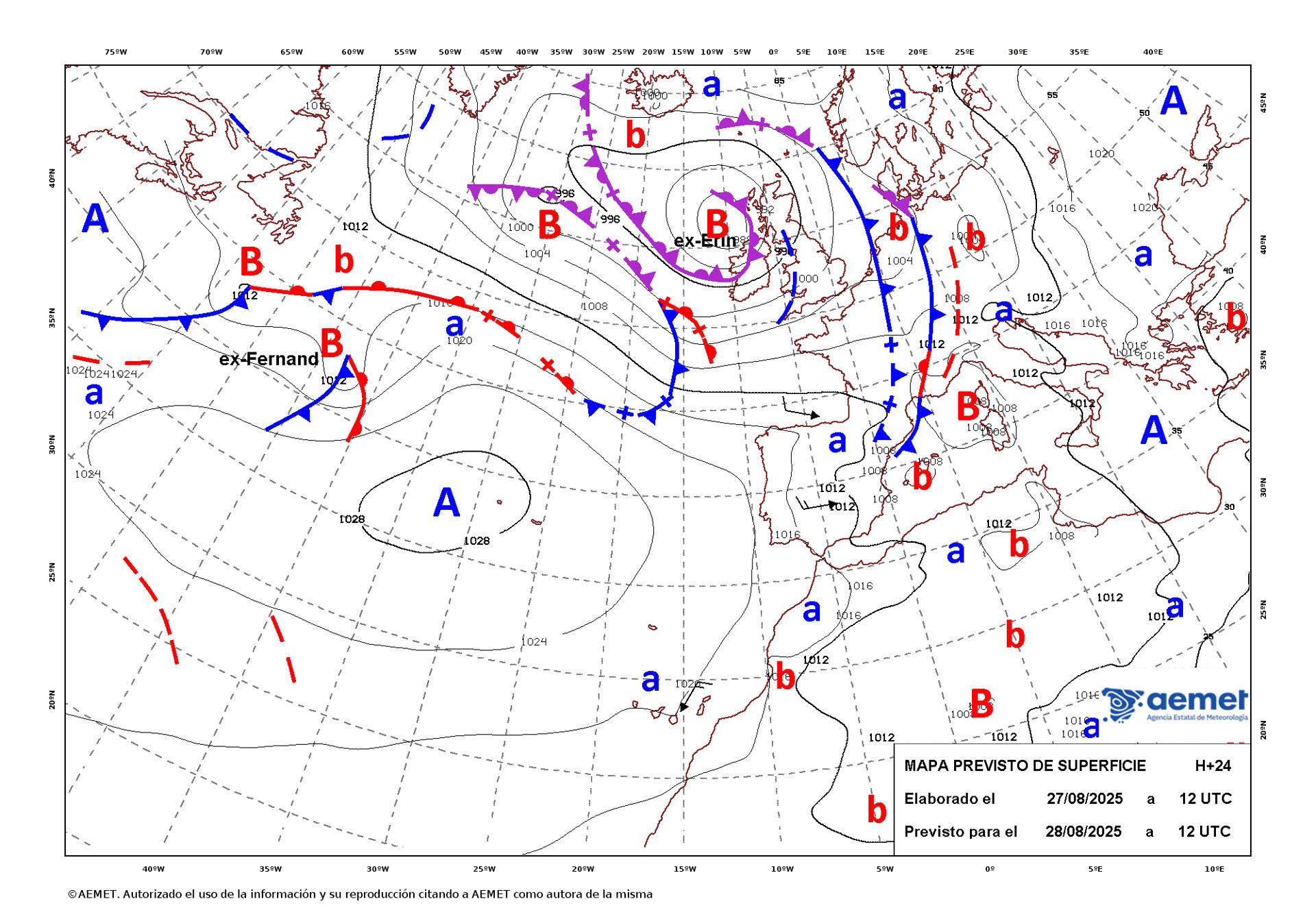 Mapa de isobaras facilitado por la Aemet previsto para el 28/08/2025. EFE ***SOLO USO EDITORIAL/SOLO DISPONIBLE PARA ILUSTRAR LA NOTICIA QUE ACOMPAÑA (CRÉDITO OBLIGATORIO)***