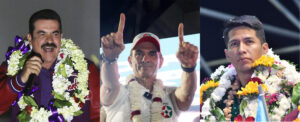 Combo de fotografías de los candidatos a la presidencia de Bolivia, el exmilitar y alcalde de Cochabamba, Manfred Reyes Villa (i), el senador Rodrigo Paz (c) y el titular del Senado, el oficialista Andrónico Rodríguez, durante el cierre de sus respectivas campañas electorales. Rodríguez, Paz y Reyes Villa, disputan el voto indeciso en busca de escalar en la preferencia electoral en los días previos a las elecciones generales bolivianas del 17 de agosto. EFE/ Luis Gandarillas/ Juan Carlos Torrejón/ Jorge Ábrego