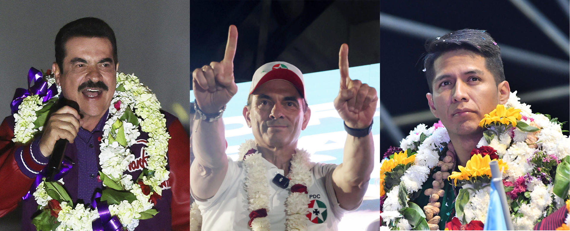 Combo de fotografías de los candidatos a la presidencia de Bolivia, el exmilitar y alcalde de Cochabamba, Manfred Reyes Villa (i), el senador Rodrigo Paz (c) y el titular del Senado, el oficialista Andrónico Rodríguez, durante el cierre de sus respectivas campañas electorales. Rodríguez, Paz y Reyes Villa, disputan el voto indeciso en busca de escalar en la preferencia electoral en los días previos a las elecciones generales bolivianas del 17 de agosto. EFE/ Luis Gandarillas/ Juan Carlos Torrejón/ Jorge Ábrego