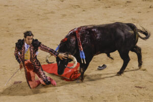 El diestro Morante de la Puebla con su segundo toro durante el festejo taurino nocturno que los matadores Morante de la Puebla, Sebastián Castella y José María Manzanares protagonizan este jueves en el Coliseo Balear, en Palma. EFE/CATI CLADERA