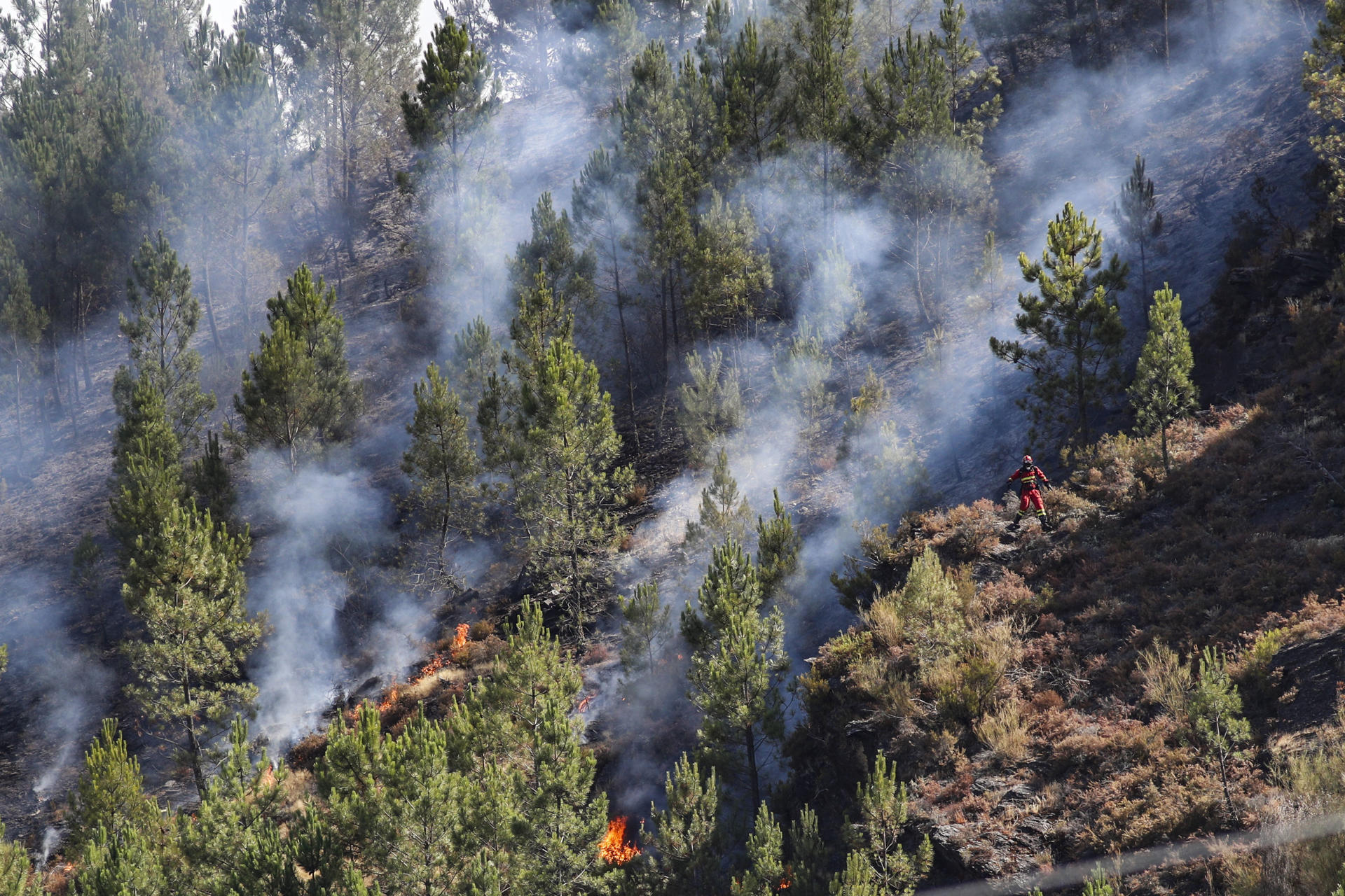 Humo procedente del fuego en la parroquia de Bendollo (Quiroga). EFE/ Eliseo Trigo