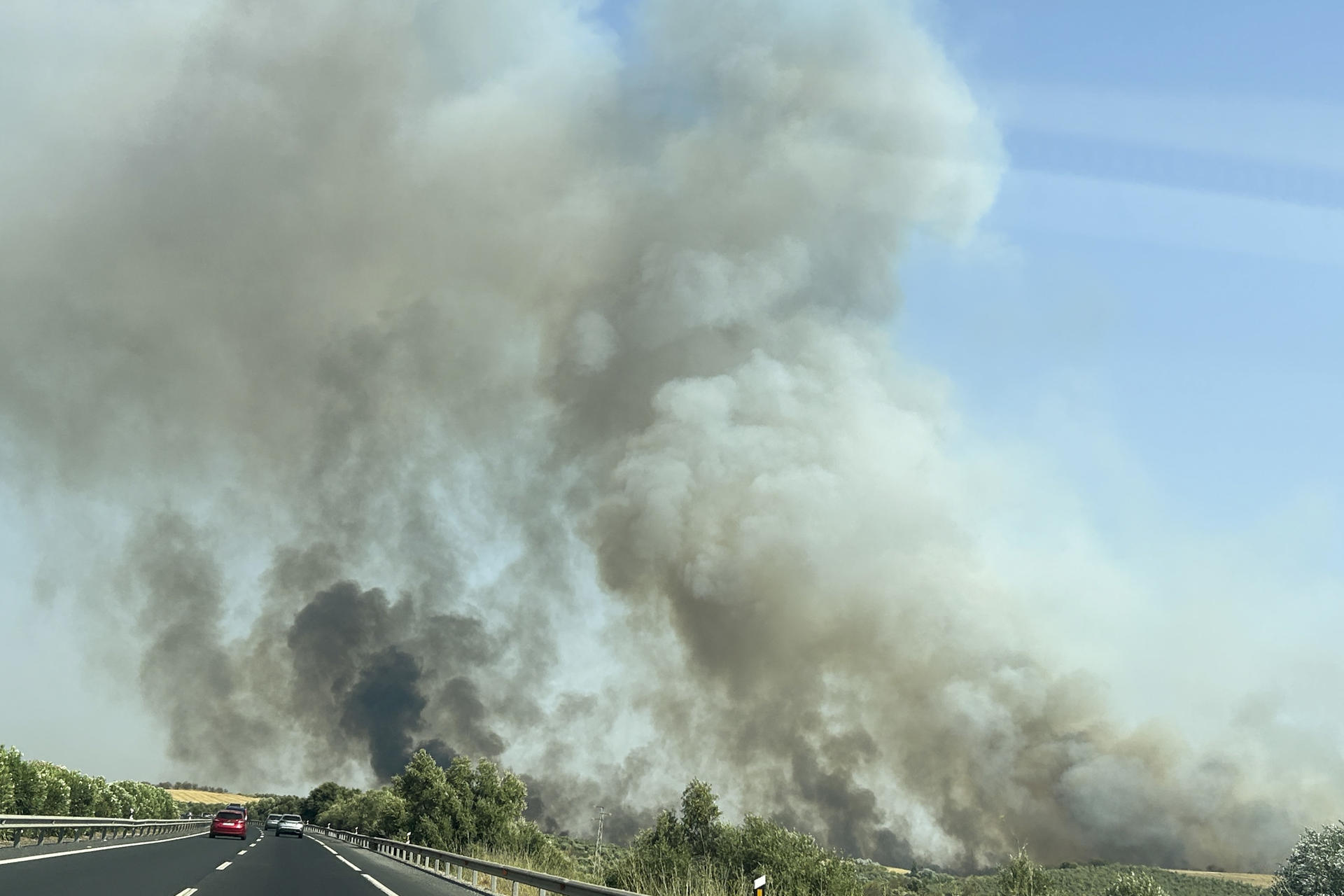 Vista del incendio forestal que afecta a un paraje de Bonares (Huelva), visto desde la autopista A-49. El incendio ha obligado a movilizar medios aéreos y terrestres, y es el segundo activo este domingo en la provincia de Huelva, donde también se trabaja en uno declarado en Aroche. EFE/Fermín Cabanillas