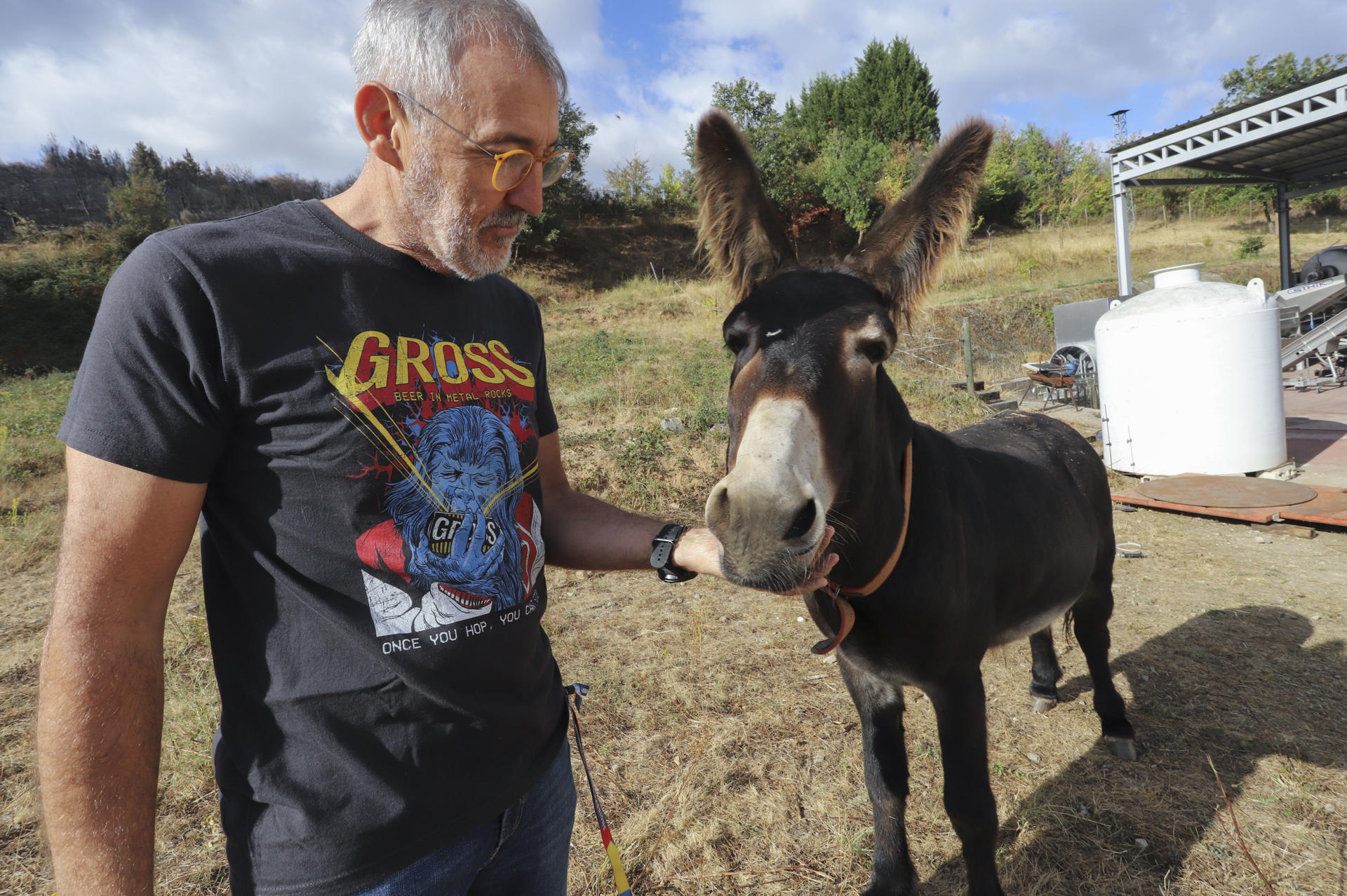 Los propietarios de la bodega Encima Wines, Manuel Otero y Merche Álvarez, posan con 'Risto', el burro que el pasado domingo alertó a los vecinos de Molinaseca de un incendio con sus rebuznos y su inquietud. EFE/Ana F. Barredo
