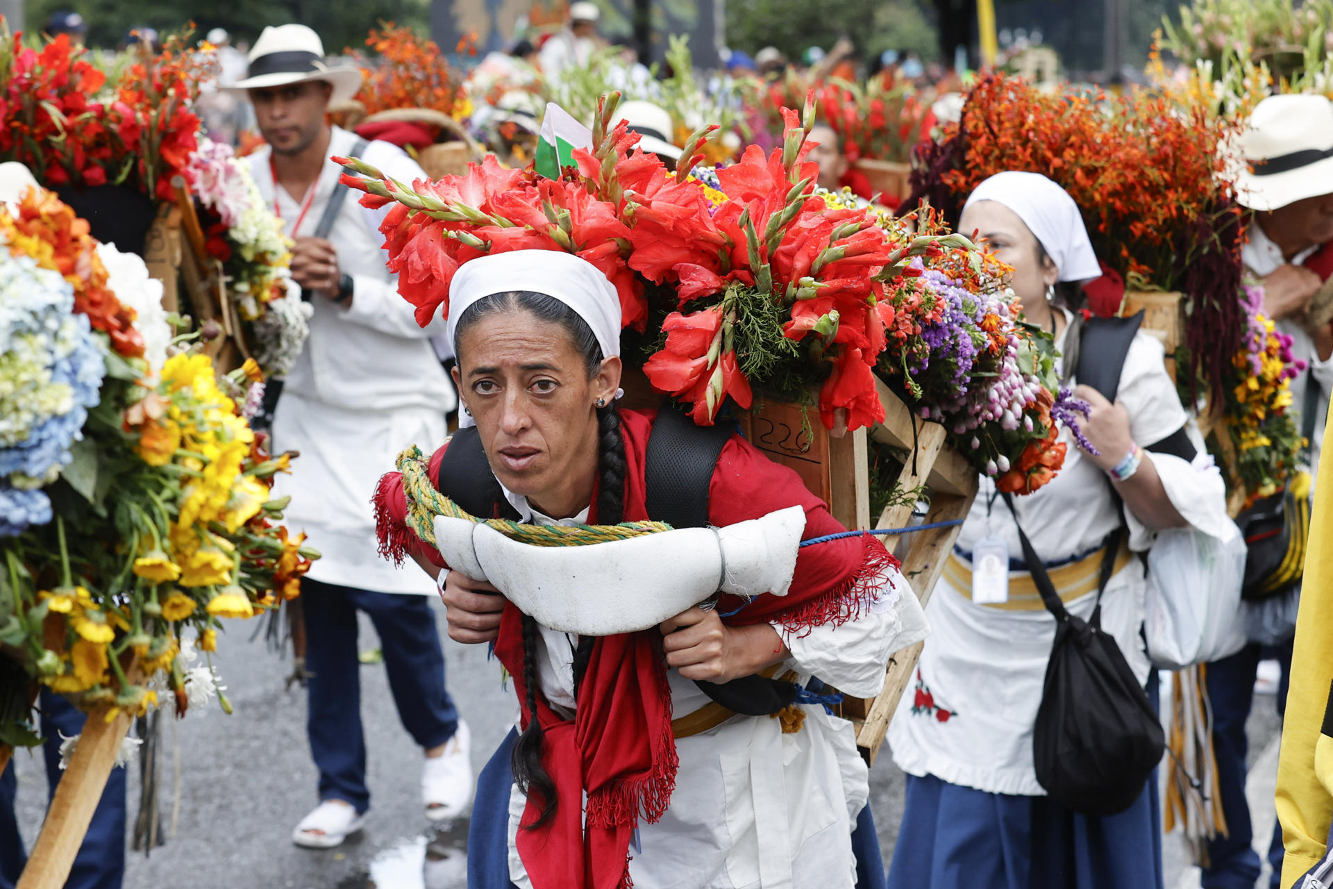 Silleteros participan en el Desfile de Silleteros durante la Feria de las Flores 2025 este domingo, en Medellín (Colombia). EFE/ Mauricio Dueñas Castañeda