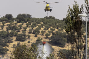 Un helicóptero lanza agua para controlar el incendio este martes, en Navalmoralejo (Toledo). El Gobierno de Castilla-La Mancha ha informado de que el incendio originado este lunes en Navalmoralejo (Toledo) y que ha quemado 3.250 hectáreas, la mayoría en Extremadura, está perimetrado al 90 %, aunque ha advertido que las condiciones meteorológicas son desfavorables para su control. En declaraciones a los medios de comunicación desde el puesto de mando situado en la localidad de Navalmoralejo, recogidas por la Junta de Castilla-La Mancha, el viceconsejero de Medio Ambiente, José Almodóvar, ha informado de que la evolución del incendio es "favorable", pero sigue activo el nivel 2. EFE/ Ismael Herrero