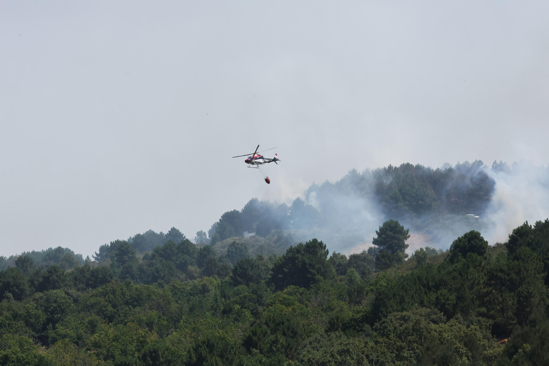 Un helicóptero lanza agua sobre el incendio este jueves, en las proximidades de La Alberca (Salamanca). EFE/ JMGARCIA