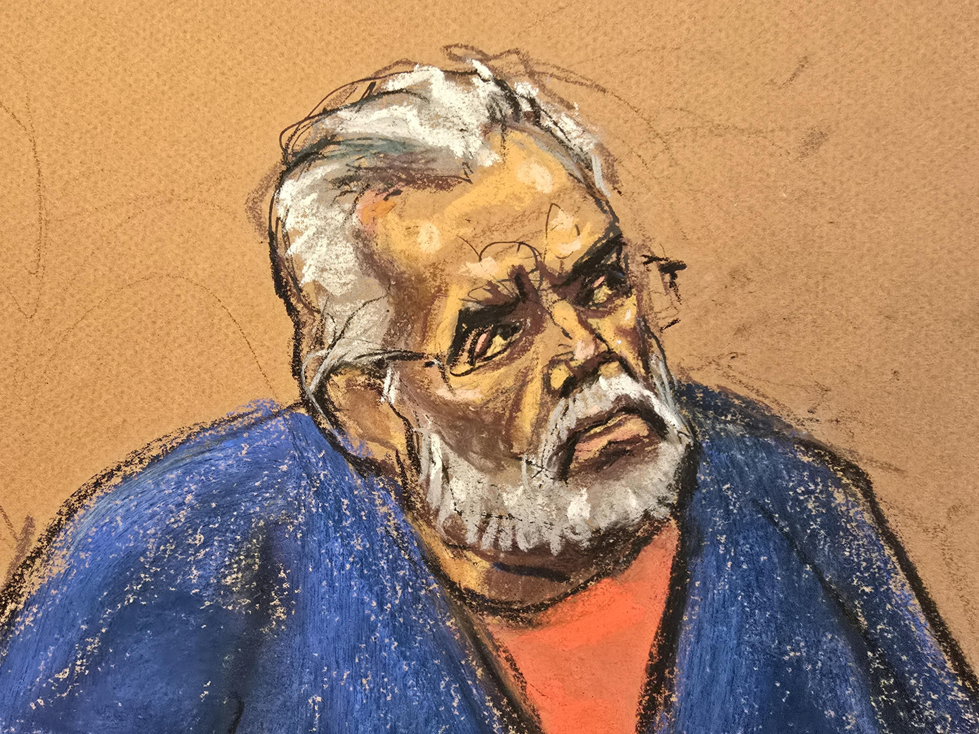 Fotografía de un dibujo realizado por la artista Jane Rosenberg del narcotraficante mexicano Ismael 'El Mayo' Zambada durante el juicio realizado en un tribunal federal este lunes, en Nueva York (Estados Unidos). EFE/ Jane Rosenberg