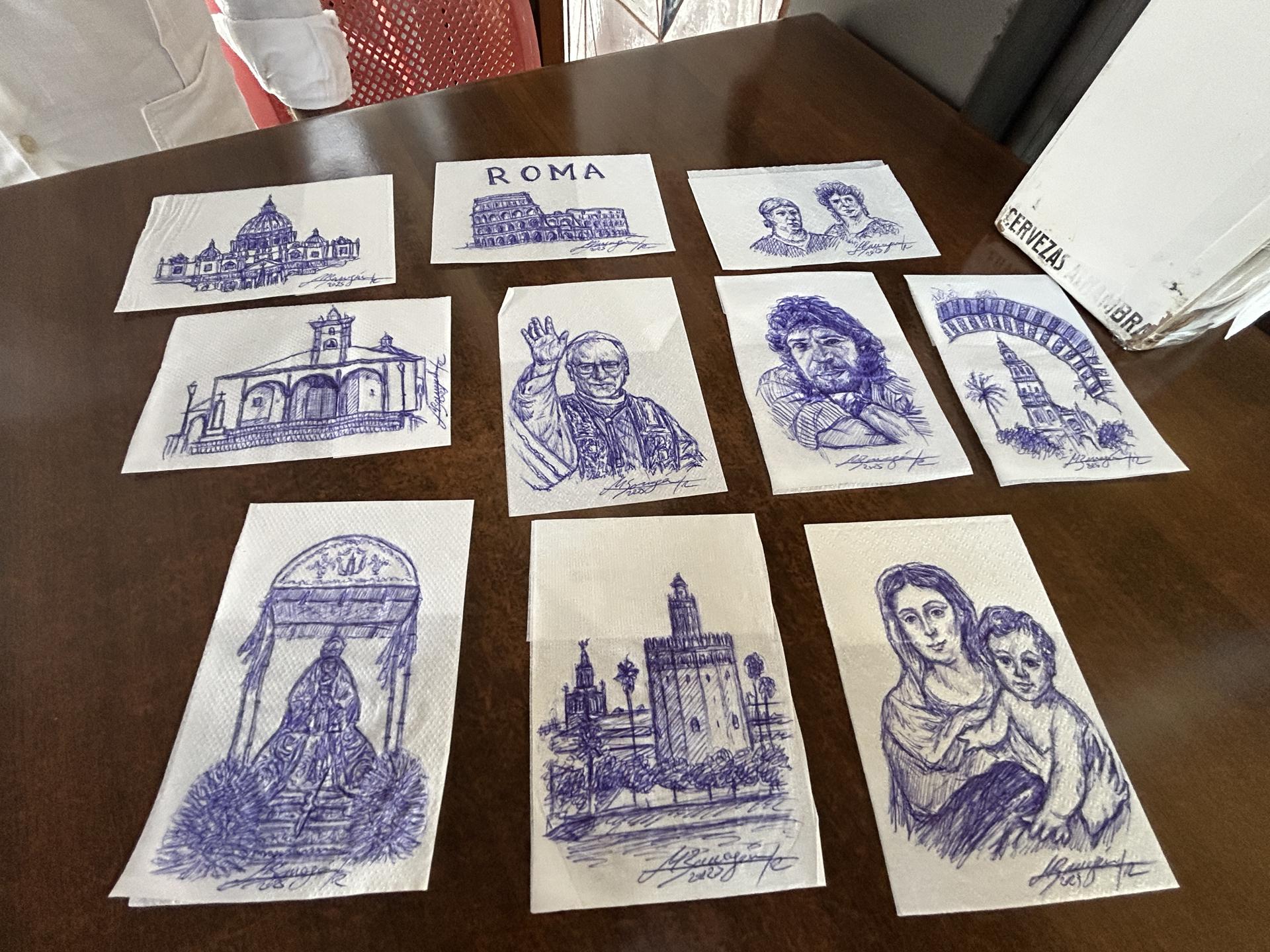 Dibujos realizados por Manuel Barragán, un joven sevillano de 23 años, que se ha hecho famoso en los últimos días por realizar obras de arte en servilletas de los bares de su ciudad, en poco más de diez minutos y siempre a bolígrafo. EFE/Fermín Cabanillas
