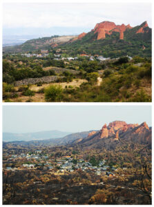 Dos vistas del espacio natural de Las Médulas, catalogado por la Unesco Patrimonio de la Humanidad; la de arriba tomada antes del incendio sufrido este mes de agosto, y la de abajo tomada este martes, tras el incendio forestal declarado en Yeres (León), el pasado 9 de agosto. EFE/Ana F. Barredo