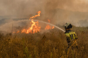 Un bombero trabaja en las labores de extinción del incendio forestal que en uno de los incendios que asolan a España en los últimos días. EFE // Brais Lorenzo