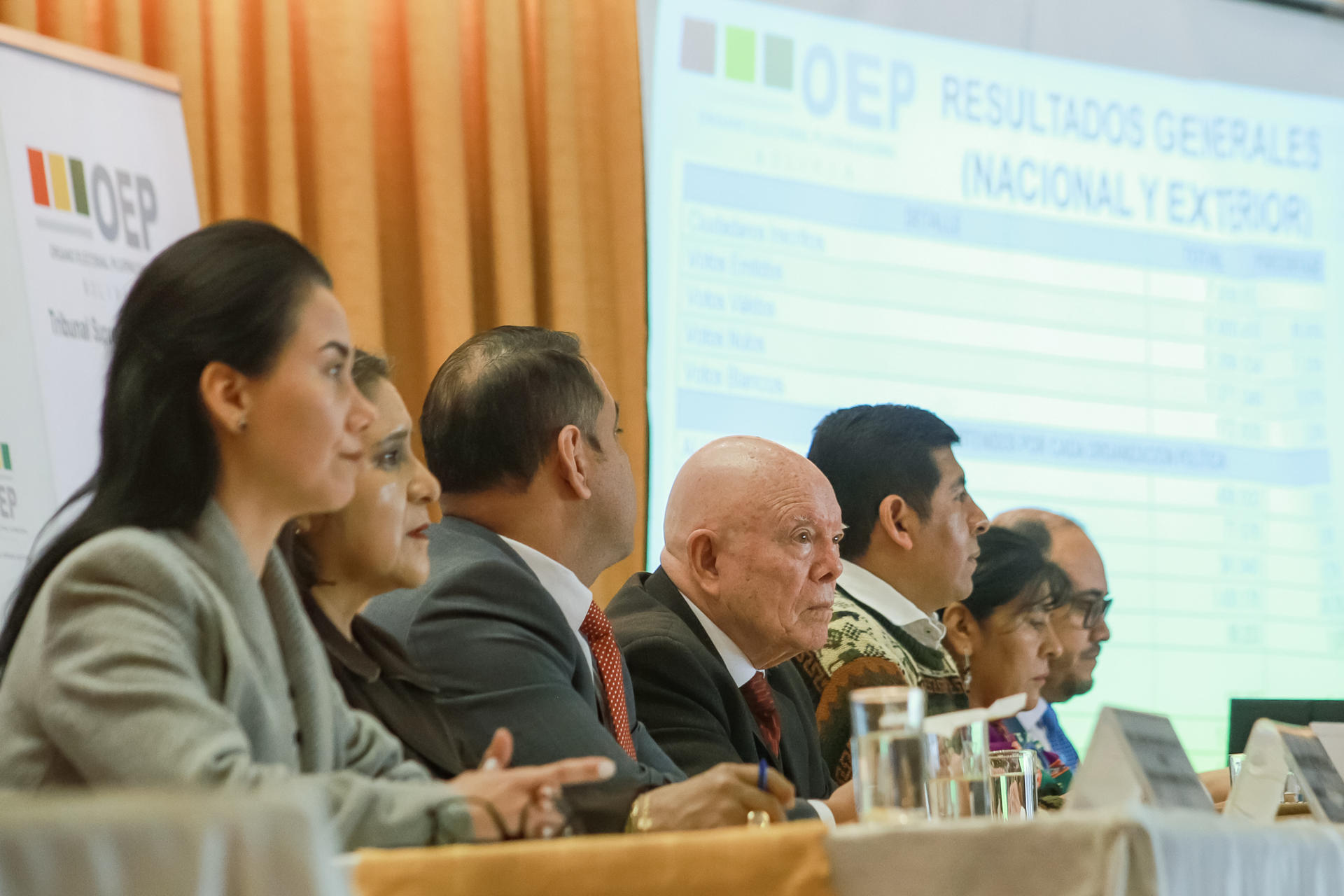 El presidente del Tribunal Supremo Electoral (TSE) de Bolivia, Óscar Hassenteufel (c), junto a los vocales del mismo tribunal, realizan una sesión pública para presentar los resultados oficiales de las elecciones presidenciales a nivel nacional este martes, en La Paz (Bolivia). EFE/ Gabriel Márquez