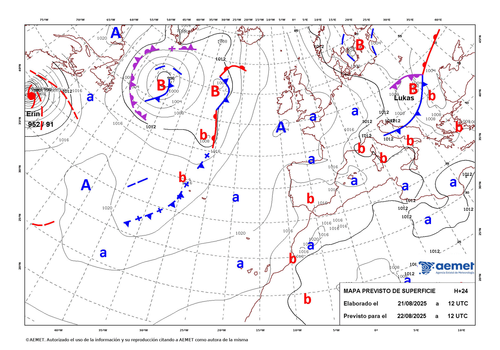 Mapa de isobaras facilitado por la Aemet previsto para el 22/08/2025. EFE *****SOLO USO EDITORIAL/SOLO DISPONIBLE PARA ILUSTRAR LA NOTICIA QUE ACOMPAÑA (CRÉDITO OBLIGATORIO) *****
