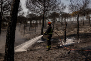 Un bombero enfría un área de superficie quemada por el incendio que se inició en la tarde del lunes en Colmenar Viejo y que hasta el momento ha quemado 160 hectáreas de terreno y que está ya estabilizado. EFE/ Daniel Gonzalez