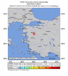 Un mapa de intensidad de un terremoto proporcionado por el Servicio Geológico de los Estados Unidos (USGS) muestra la ubicación de un terremoto de magnitud 6.1 que golpeó el oeste de Turquía, el 10 de agosto de 2025. EFE/USGS