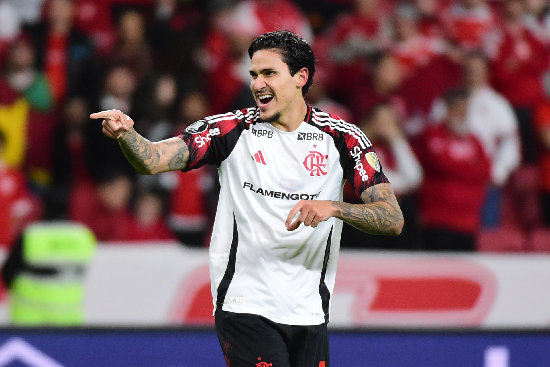 Pedro de Flamengo celebra su gol en un partido de los octavos de final de la Copa Libertadores. EFE/ Ricardo Rimoli
