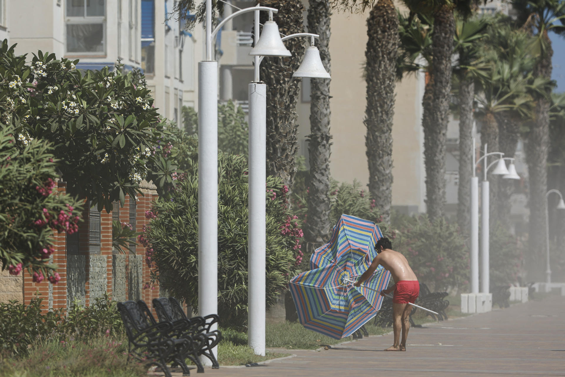 Un bañista recoge la sombrilla tras salir volando debido al fuerte viento en la playa del Rincón de la Victoria (Málaga) este jueves. EFE/Jorge Zapata
