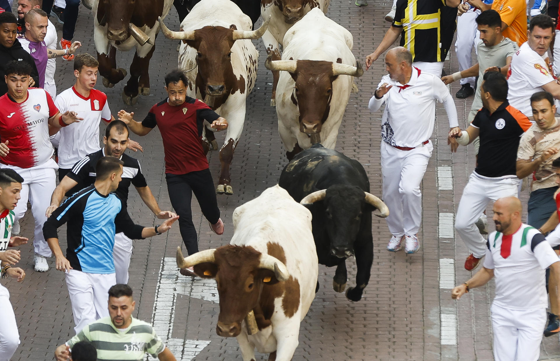 Los mozos corren ante los toros durante el octavo encierro de San Sebastián de los Reyes, este domingo. EFE/David Fernández