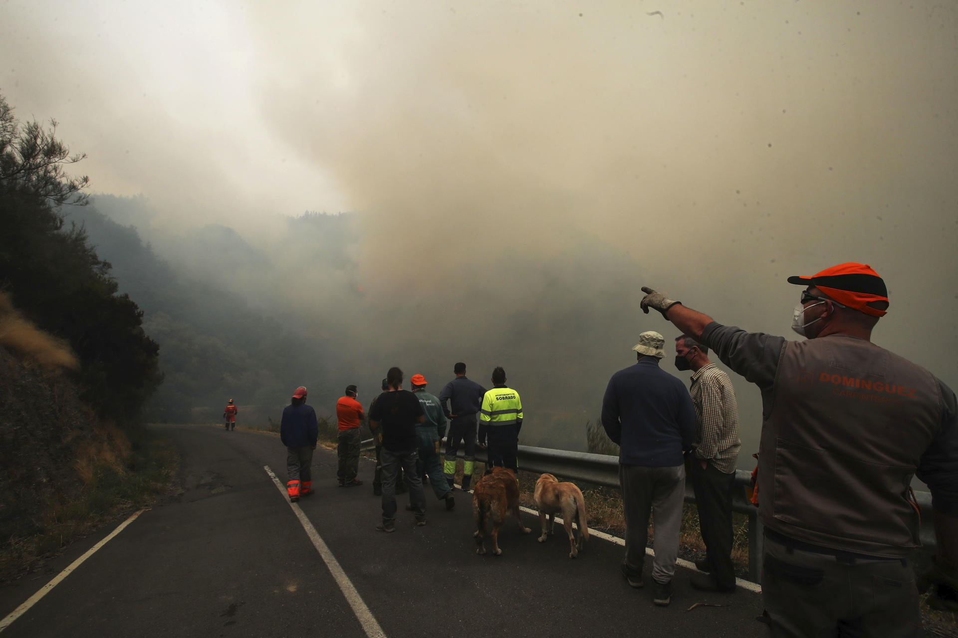 Imagen de este lunes del el avance del fuego hacia Santo Tirso en la carretera desde Santo Tirso de Cabarcos a Oencia en Ponferrada, León . EFE/ Ana F. Barredo