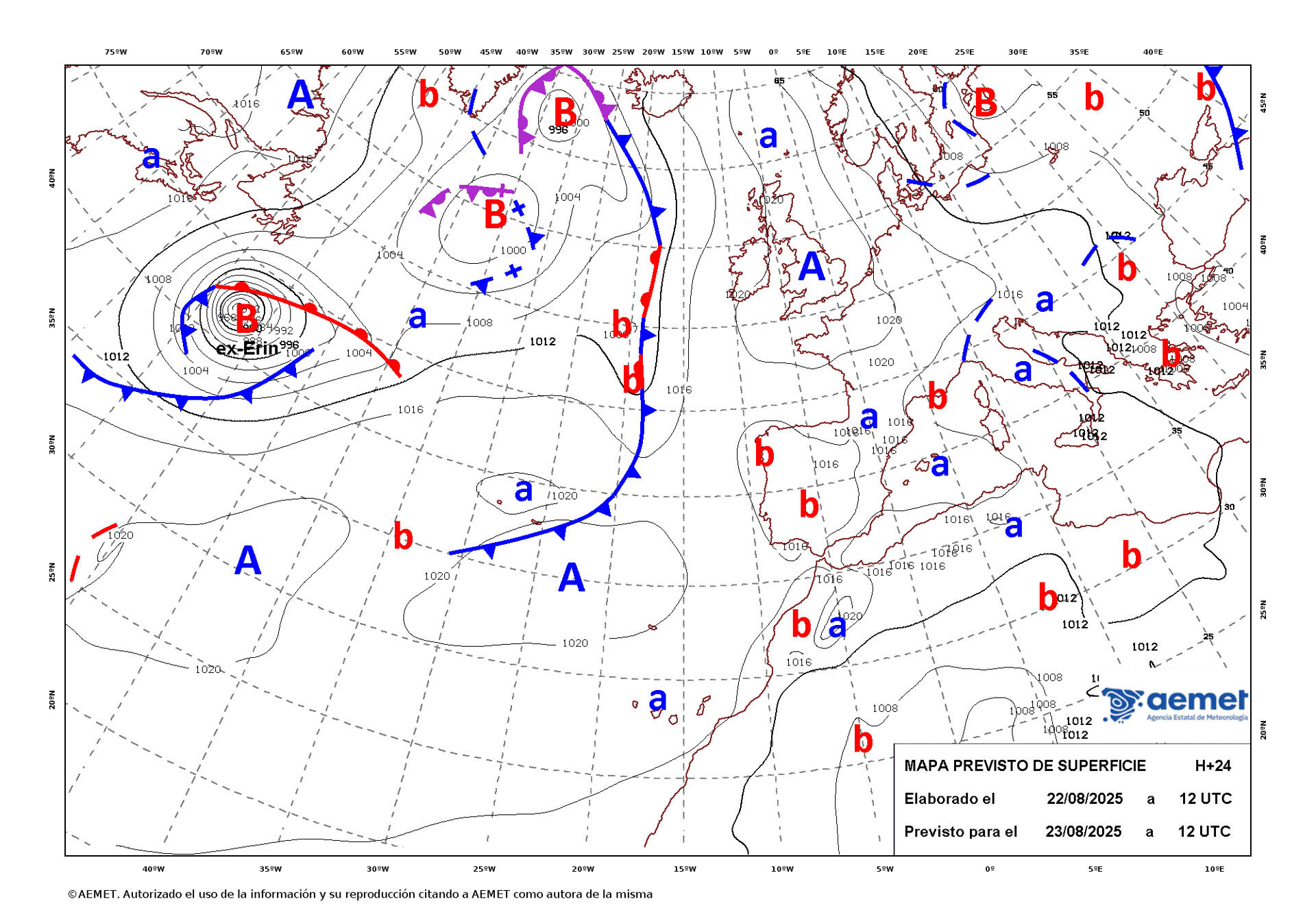 Mapa de isobaras facilitado por la Aemet previsto para el 23/08/2025. EFE *****SOLO USO EDITORIAL/SOLO DISPONIBLE PARA ILUSTRAR LA NOTICIA QUE ACOMPAÑA (CRÉDITO OBLIGATORIO) *****